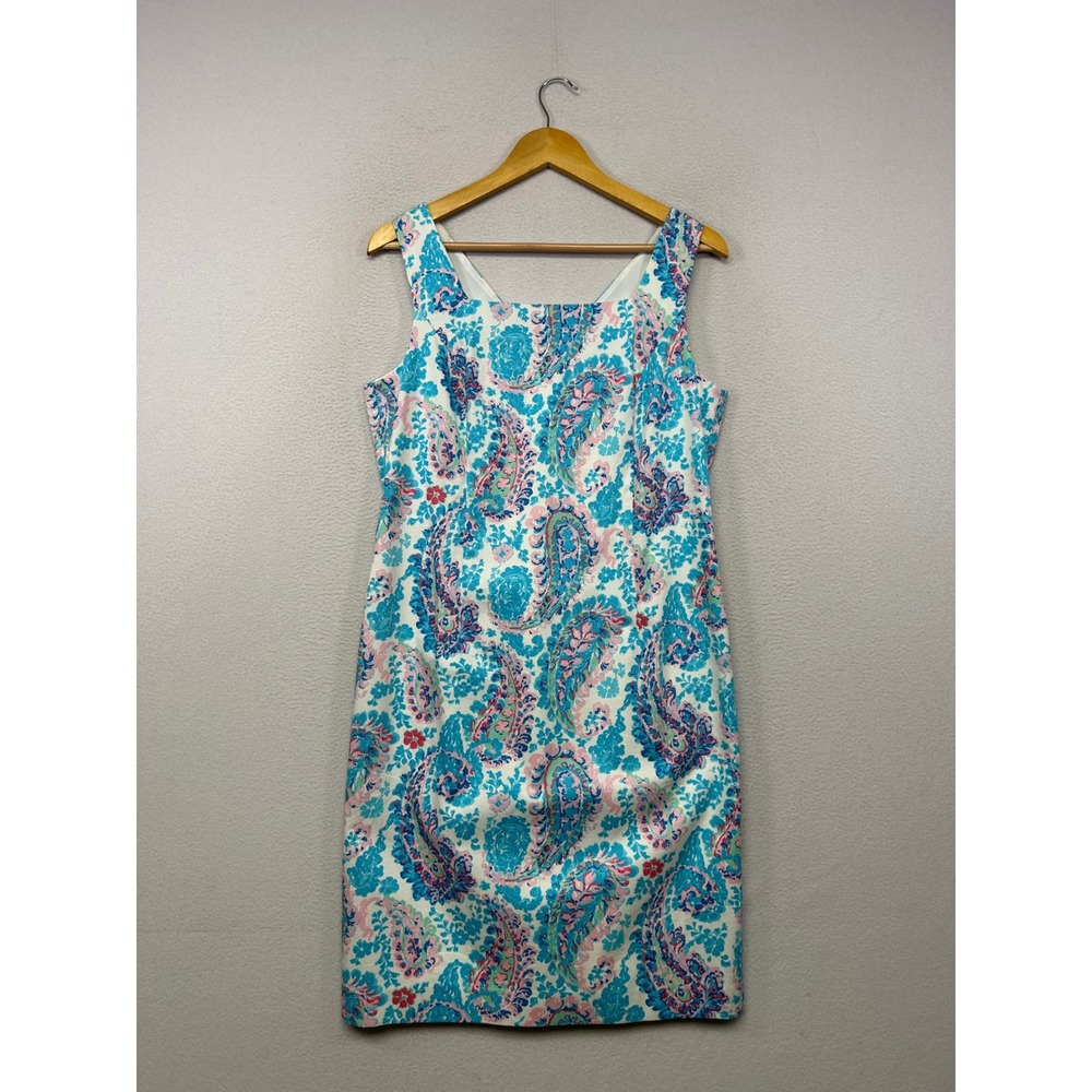 Preppy Coastal Talbots Womens 10 Blue Pink Paisley Pique Sheath Dress NWT